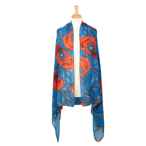 Ornate Poppies Large Plisse Blue Lightweight Scarf