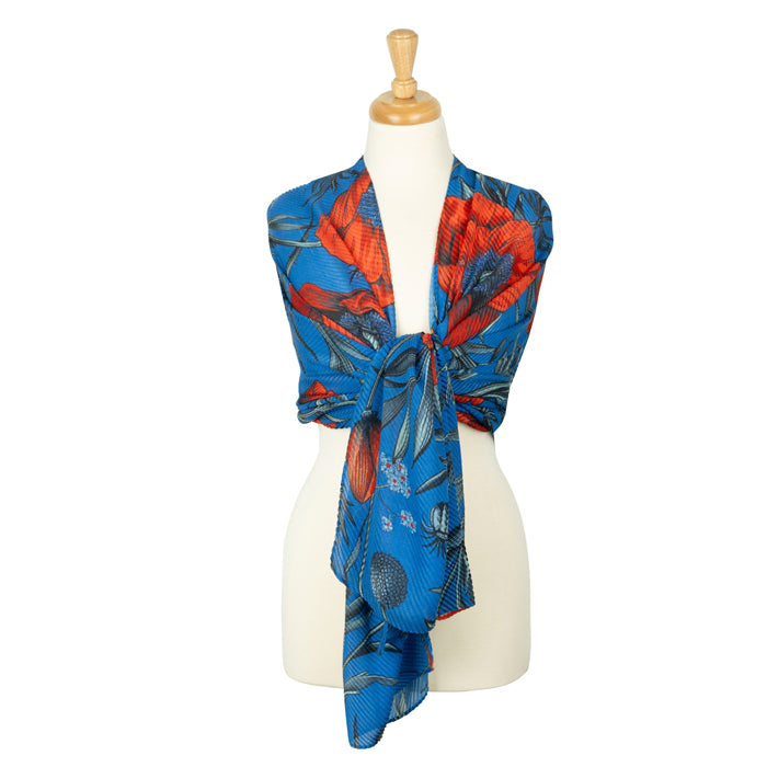 Ornate Poppies Large Plisse Blue Lightweight Scarf