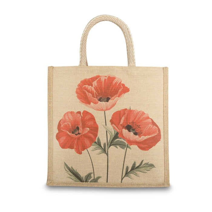 Three Poppy Spray Medium Jute Bag