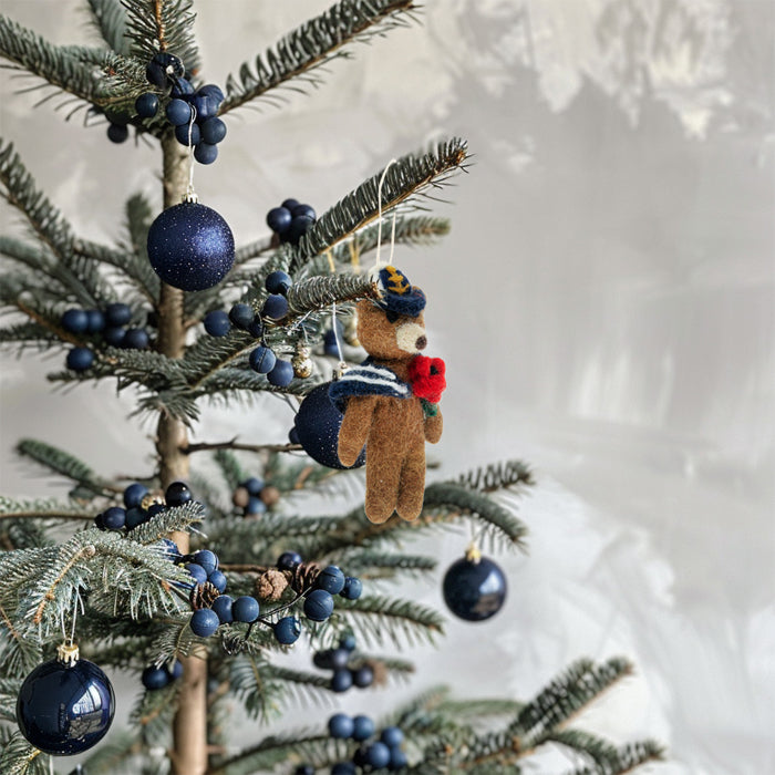 Navy Bear with Poppy Felt Christmas Decoration